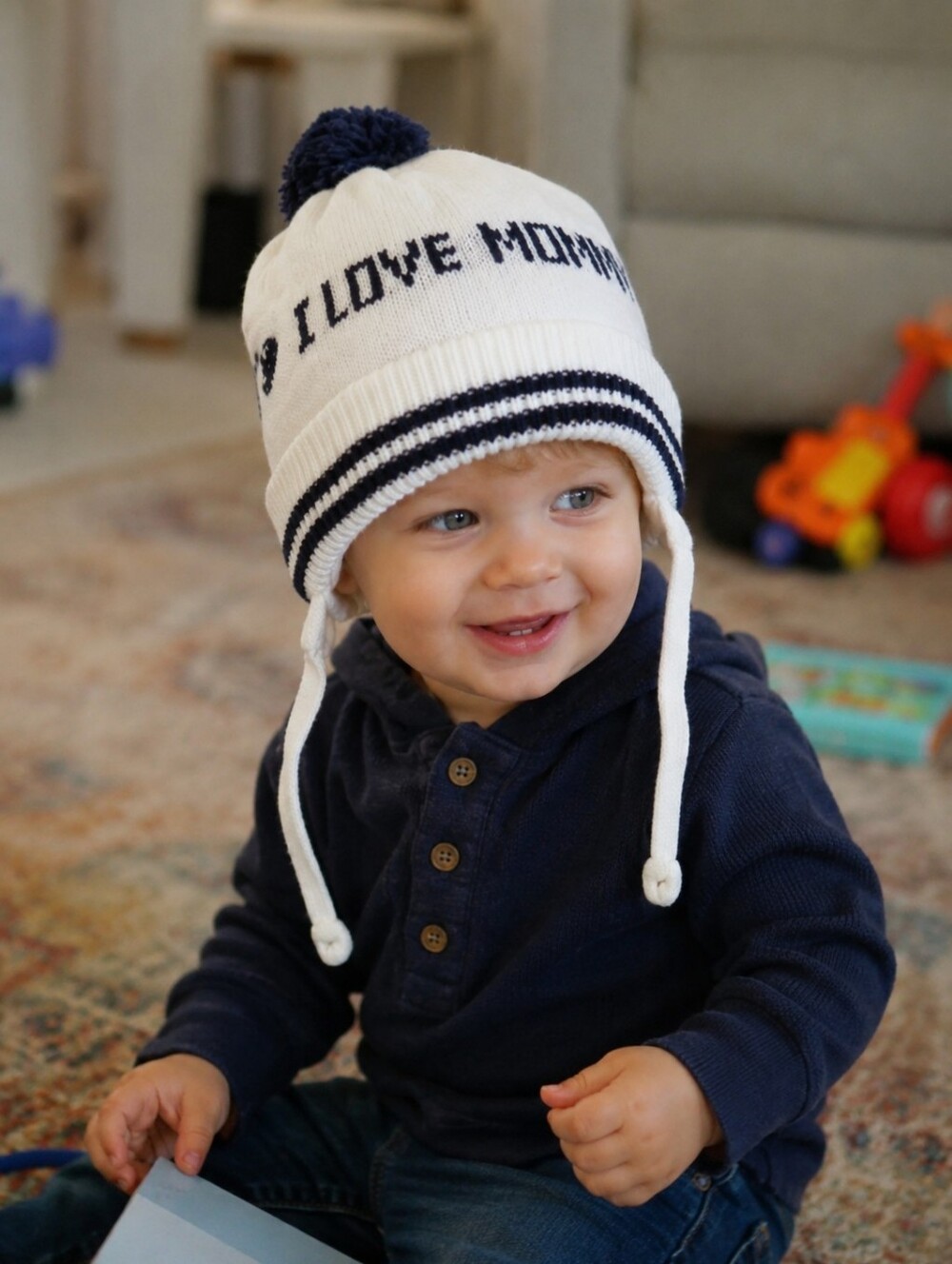 VTG Beanie Kids Toboggan Child Toddler Knit Pom Pom I Love Mommy Daddy Deadstock